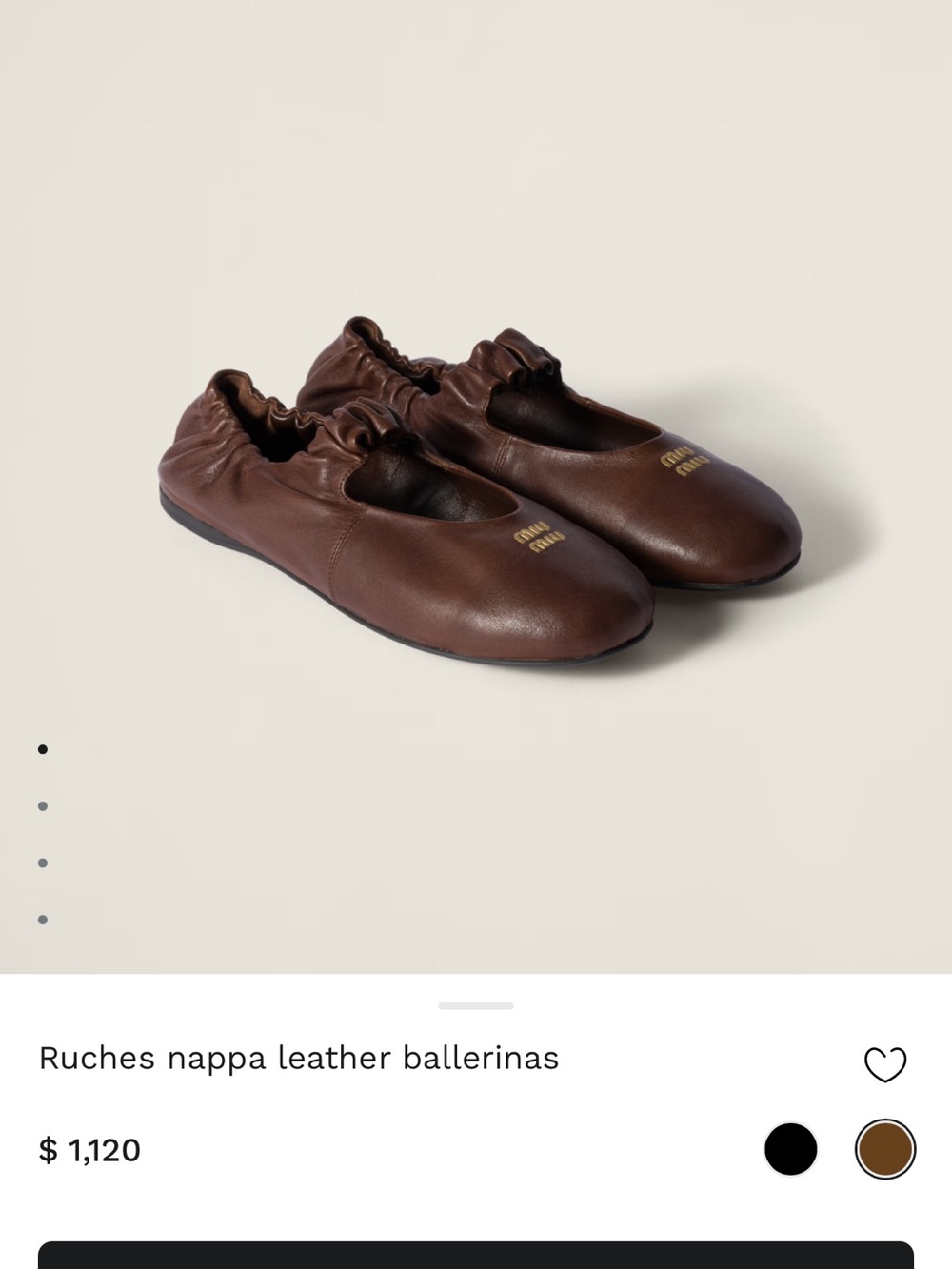 Authentic NWT Miu Miu Brown Leather Ruched Ballerinas with gold embossed logo